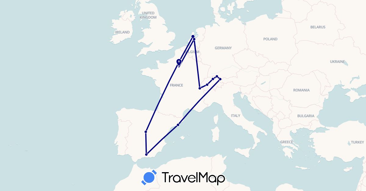 TravelMap itinerary: driving in Austria, Switzerland, Germany, Spain, France, Netherlands (Europe)